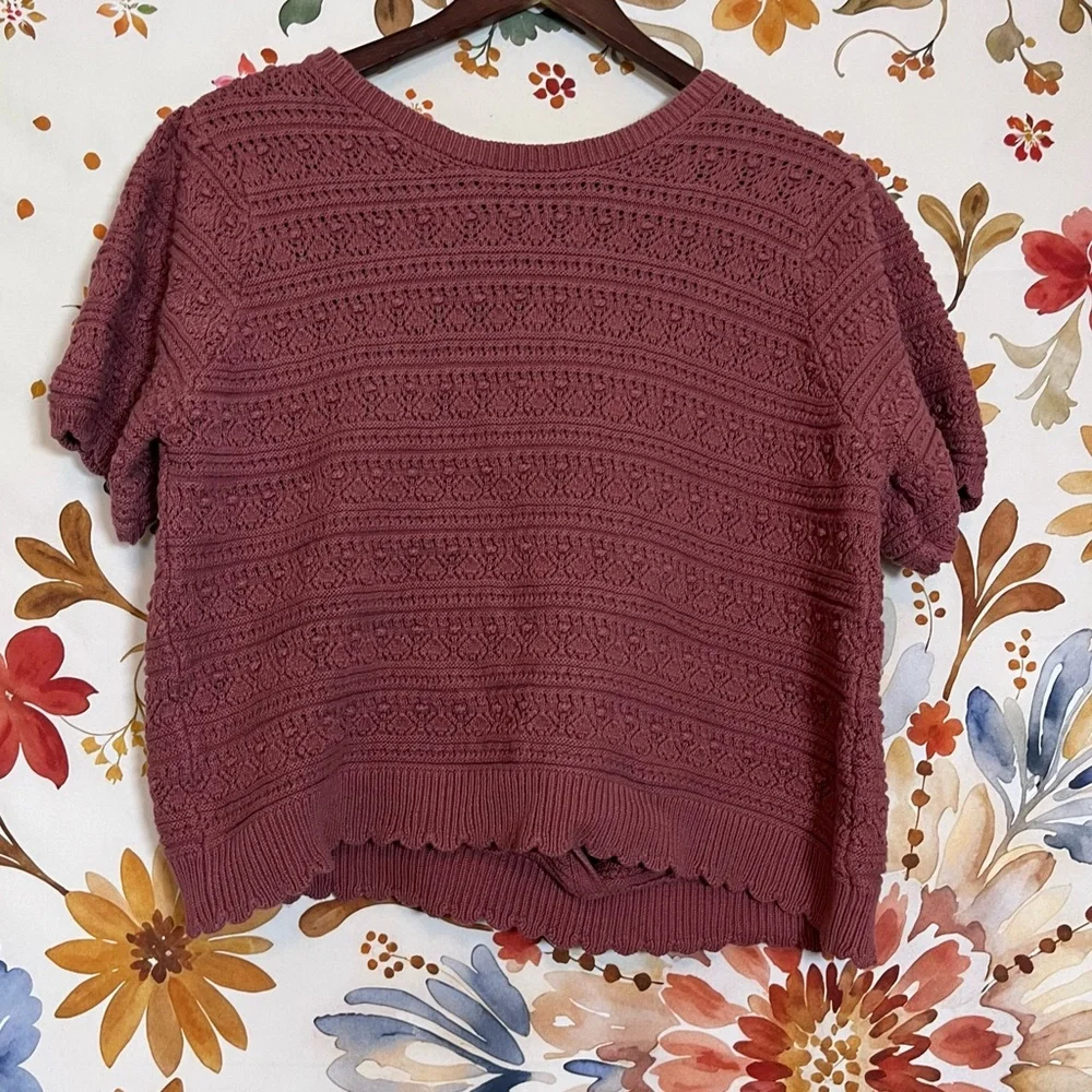Women’s XL Dusty Rose Red Open Back Cropped Fall Spring Short Sleeve Sweater